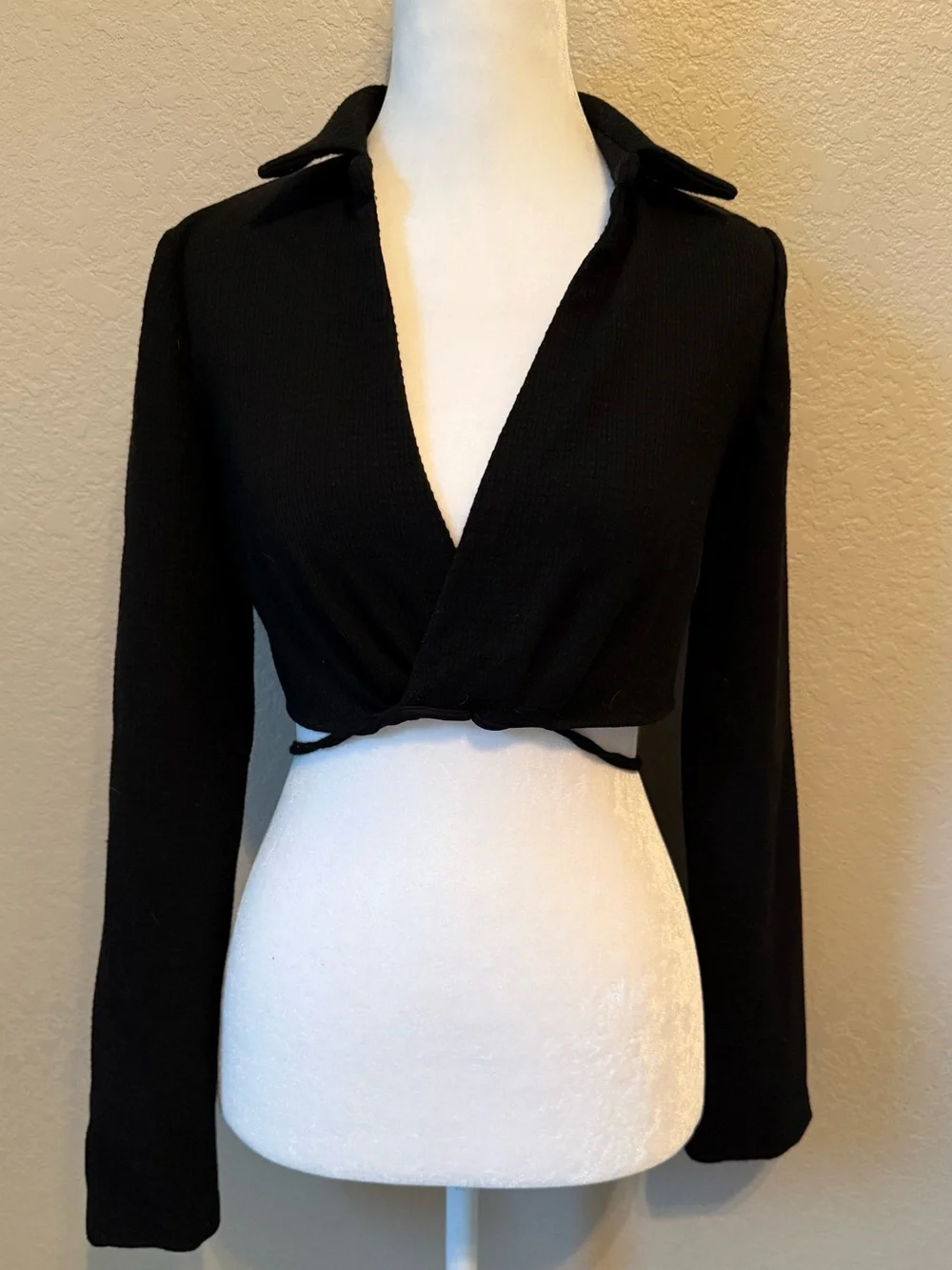 Zara Black Cropped Wrap Long-Sleeve Top
